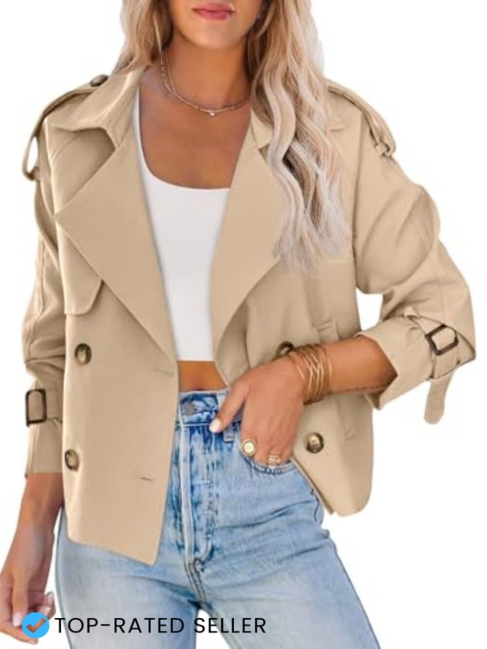 Women's Crop Double Breasted Trench Coat Short Cropped Jacket